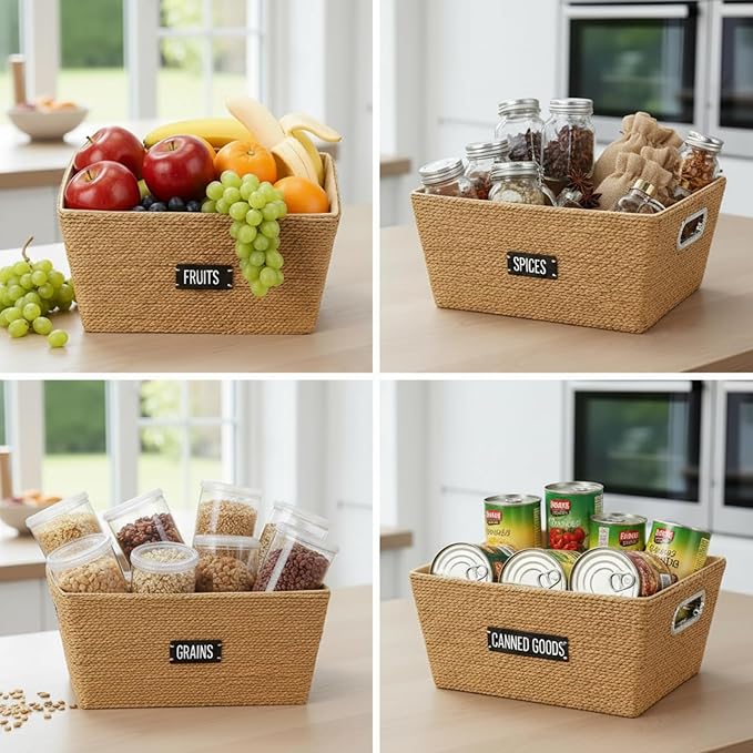 4 Pack 12 Inch Recycled Wicker Storage Basket with Labels and Handles Woven Storage Bins with Label Wicker Snack Basket Paper Rope Organizer Baskets Bins for Kitchen Office