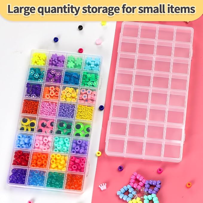 IOOLEEM 32 Grids Plastic Bead Organizer Box, Organizer Container Storage Box, Dividers for bead arts and crafts.(2 Pack)