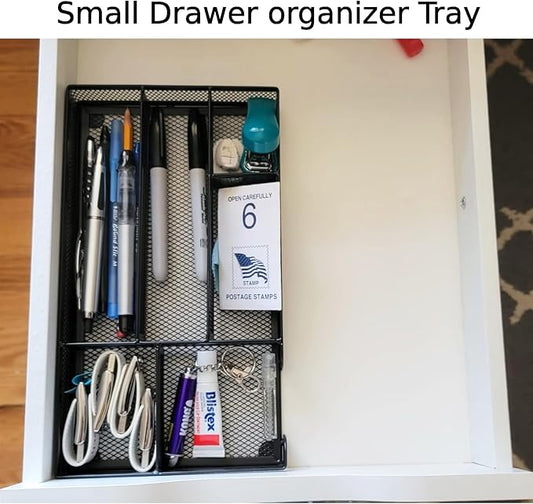 Desk Drawer Organizer Tray, Metal Mesh Drawer Office Drawer Organizer w/6 Compartment, Small Desk Organizer Tray for Home Office School Supplies, Desktop, 11X 6 X 1.45in, Black