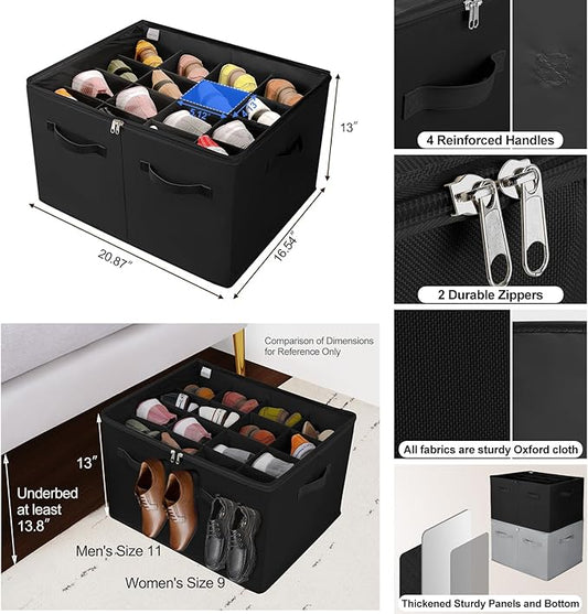 Shoe Organizer for Closet 2 Pack, Foldable Shoe Box with Adjustable Dividers and Clear Cover, Space Saving Shoe Storage Organizer Cabinet with Reinforced Handles, Fits 32 Pairs, Black TP12B