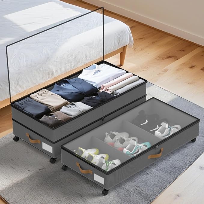BETBEM Under Bed Storage with Wheels 2-Pack, 75L XXL Under the Bed Storage Containers Large, 12" Tall Adjustable Storage for Underbed with Lids, Rolling for Shoes, Clothes, Blankets (Grey)