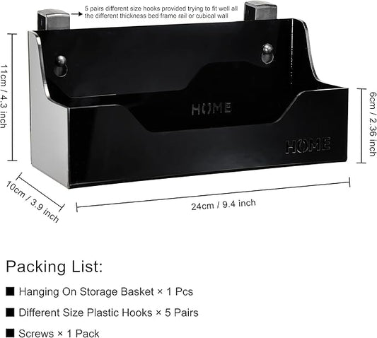 Bedside Caddy Hanging Storage Basket Little Plastic Beside Shelf Hang-on Storage Organizer for Collage Dorm Bunk Bed,Changing Table - Bedroom Essentials for Phone,Mini Speaker,Tissues (Black)