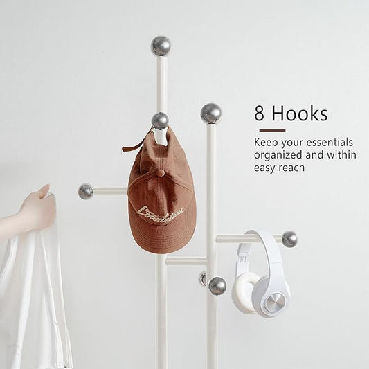 Free Standing Coat Rack with Marble Base & 8 Steel Hooks Clothes Rack for Entryway Bedroom Living Room Hotel 14.96 x 10.24 x 68.9 Inches (White)
