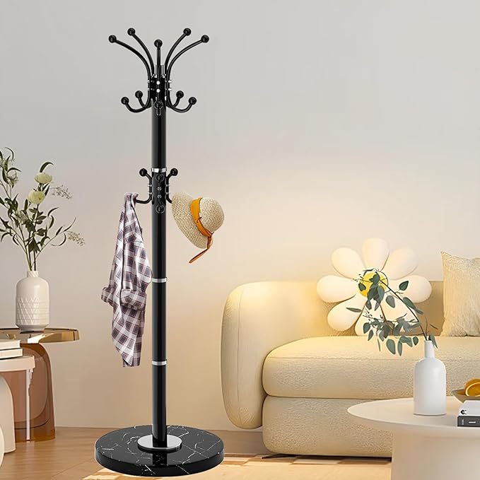 Metal Heavy Duty Coat Rack Stand, Modern Freestanding Coat Rack with Natural Marble Base, 360° Roraty Coat Racks with 16 Hooks, Black Coat Hall Tree Hanger Stand for Entryway, Office