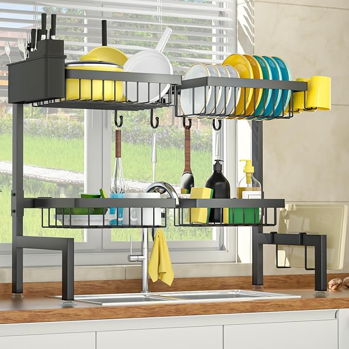SNSLXH [2-Tier 4 Baskets Over The Sink Dish Drying Rack, 26.57"-35", Large Sink Rack for Kitchen, Extensible and Adjustable, Saving Kitchen Space