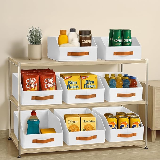 Fabric Storage Bins for Organizing - 8 Pack Large Trapezoid Collapsible Storage Bins with Front Handle, Closet Organizers and Storage for Bedroom, Home Shelves, Small Spaces, White