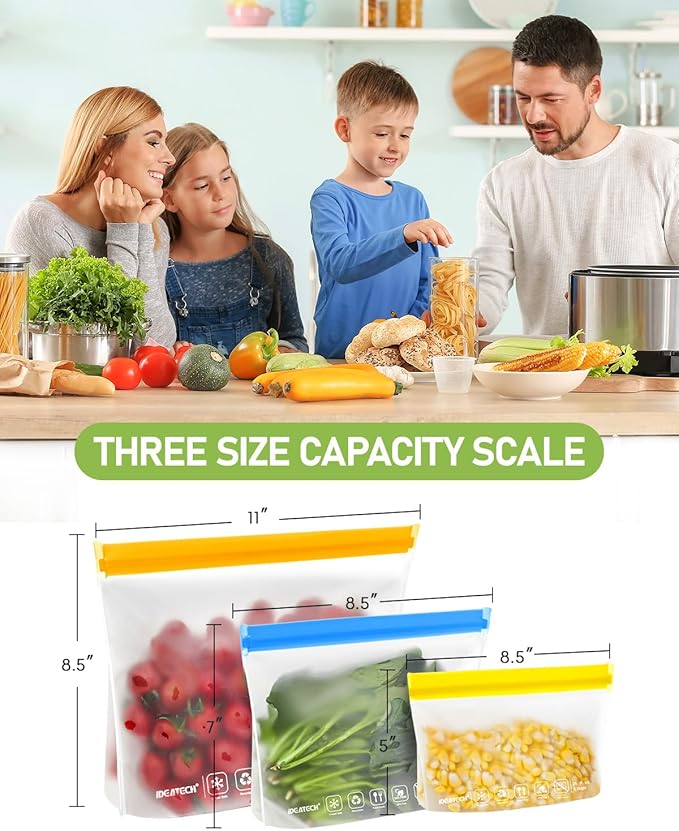 IDEATECH 12Pack Food Storage Bags Dishwasher Safe, BPA Free Gallon Freezer Bags, Reusable Snack Bags, Leakproof BPA Free Reusable Baggies for Lunch,Travel(2Gallon 4Quart 4Snack, Grey)