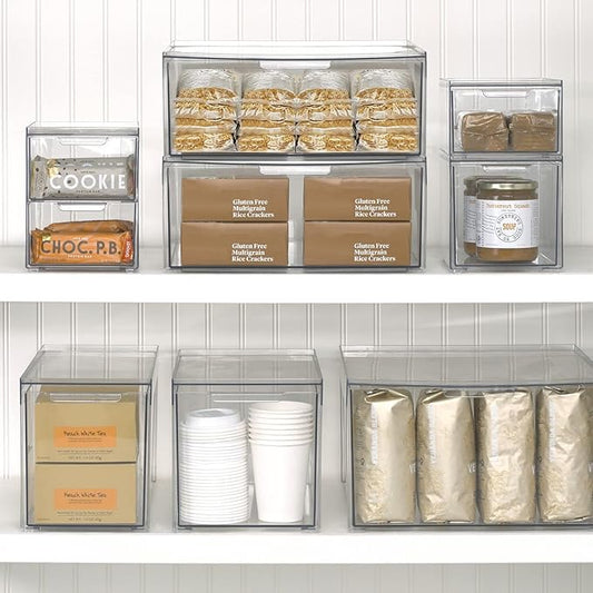 mDesign Plastic Pantry Organization and Storage Bin w/Pull Out Drawer - Slim Stackable Kitchen Supplies Storage Container for Organizing Cabinet, Fridge, Freezer - Lumiere Collection - 4 Pack - Clear