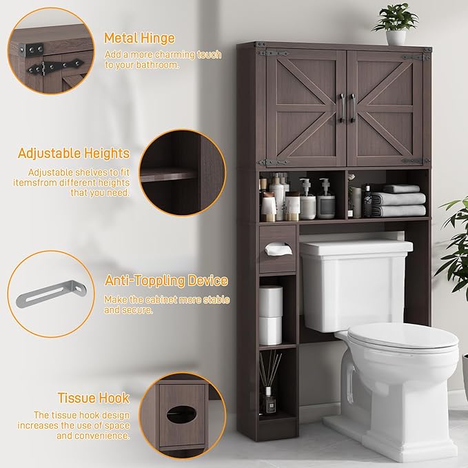Vabches Over The Toilet Storage Cabinet, Farmhouse Storage Cabinet Over Toilet with 2 Barn Doors && Toilet Paper Holder Stand,Home Space-Saving Toilet Rack, for Laundry, Restroom, Bathroom.(Espresso)