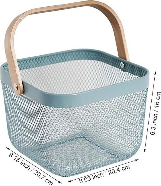 Metal Mesh Wire Basket, Small Steel Basket with Wooden Handle Storage Organizer Basket Multi-functional Hanging Kitchen Baskets Fruit Baskets for Kitchen Bathroom Cabinet Pantry Snacks, Blue