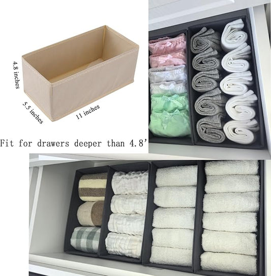Drawer Organizer Set of 4 Beige - Fabric Storage Bins for Clothes, Underwear, Socks & Bras - 11" Dresser Dividers for Bedroom Closet