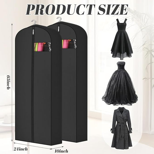 2 Pcs 10" Gusseted Garment Bags for Hanging Clothes Dress Bags for Gowns Long Closet Waterproof Garment Covers Wedding Dress Cover Traveling Clothes Protector(Black,65 Inch)