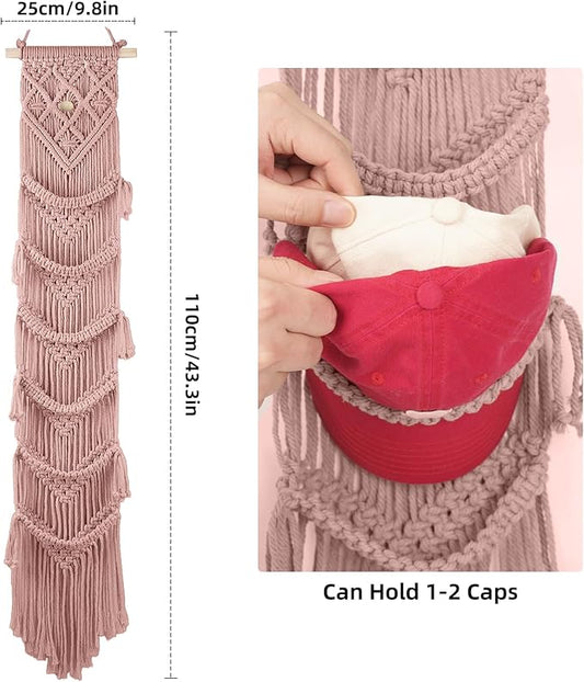 KaloKalo Macrame Cap Holder Boho Hat Hangers Over Door Decorative Bohemian Handmade Ball Cap Rack Organizer Woven Wall Hanging for Baseball Cap Display Decorations (Rose Pink, Up to 12 Caps)