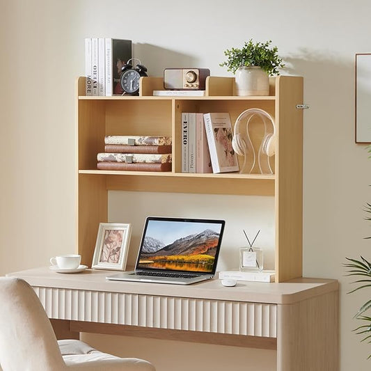 Desktop Bookshelf, Wooden Desk Storage Hutch with 5 Shelves, 3-Tier Desktop Display Organizer Rack for Office Home (Natural, 5 Shelves B)