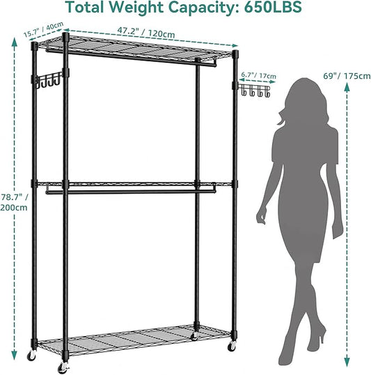 Heavy Duty Rolling Garment Rack, 3 Tiers Wire Shelves Adjustable Freestanding Portable Rolling Clothing Rack with Lockable Wheels, 47.2''L x 15.8''W x 78.8''H, Max Load 650LBS