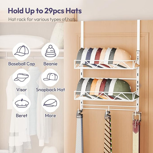 SWTYMIKI Over Door Hat Organizer - 3 Tier Wall Mounted Hat Rack with 2 Adjustable Metal Basket and 3 Hooks, Hanging Baseball Cap Organizer Storage Holds up to 29 Caps for Door, Bedroom, Closet