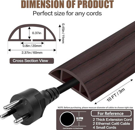 Floor Cord Cover Cavity 0.8"x0.37" Self Adhesive Cord Hider, 10FT Low Profile Cable Management, Extension Strip Protector for Wires, Prevent Cable Trips for Offices, Gyms, Exhibitions(Black Wood)