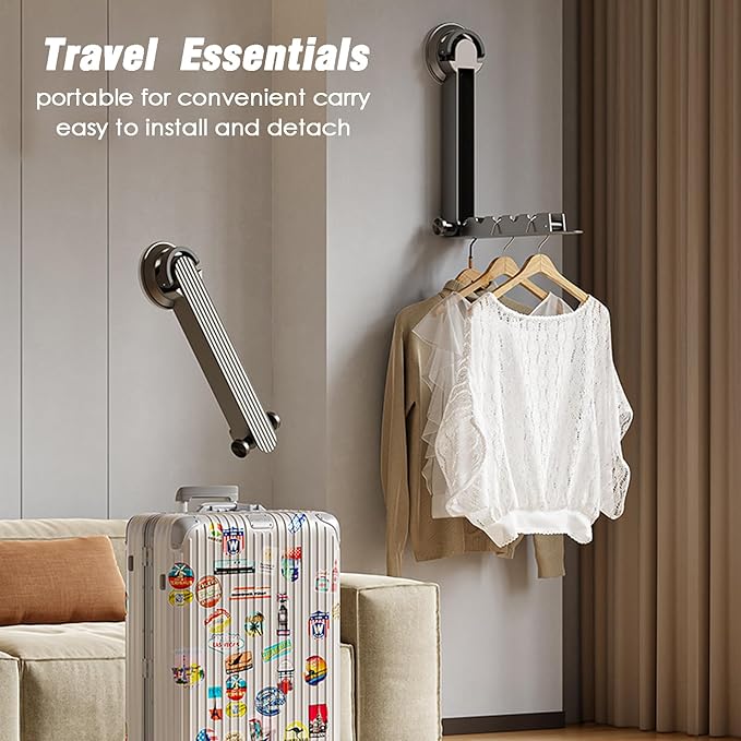 Foldaway Clothes Wall Mounted Drying Rack with Suction Cup,All Metal in Space Aluminum, Foldable, Retractable, Portable for Laundry (Grey)