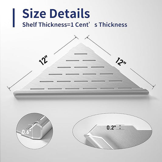 Bernkot Corner Shower Shelf, 12" Brushed 304 Stainless Steel Slot Design Recessed Corner Shelves 2 Pack Bathroom Grout in Shelf for Tiled Wall, Large Size