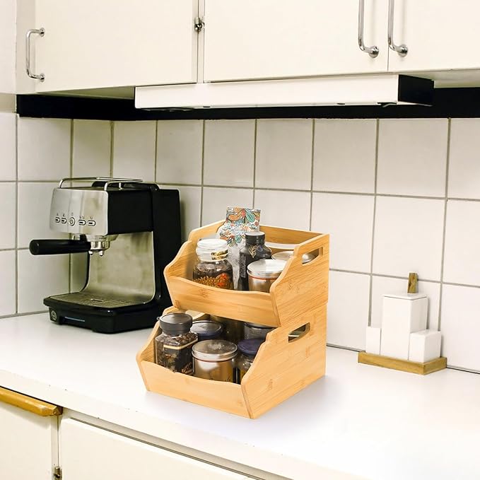 2 Pack Bamboo Stackable Storage Bin, Countertop Open Front Stacking Bins, 2 Tier Organize Basket Box with Handle, Food Fruit Container for Cabinet, Kitchen, Studio, Office