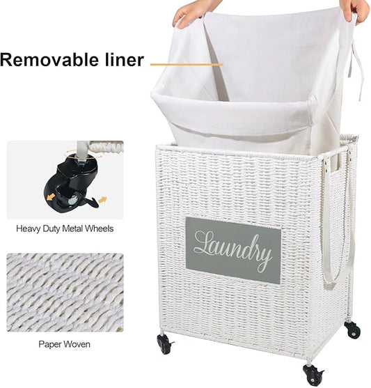 Mxfurhawa Laundry Basket, Heavy Duty Cotton Liner Laundry Storage Hamper with Handles, Collapsible Clothes Wire Basket Organizer Laundry Bag (2PCS-89WE-H)