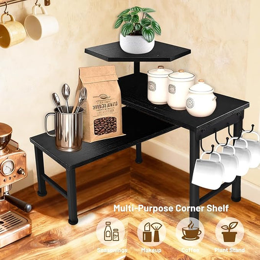 Bathroom Counter Organizer, 3 Tier Moveable Black Corner Shelf with Hook, Countertop Organizer for Bathroom, Dresser Table, Makeup Vanity Desktop,Desk Shelf (Black)