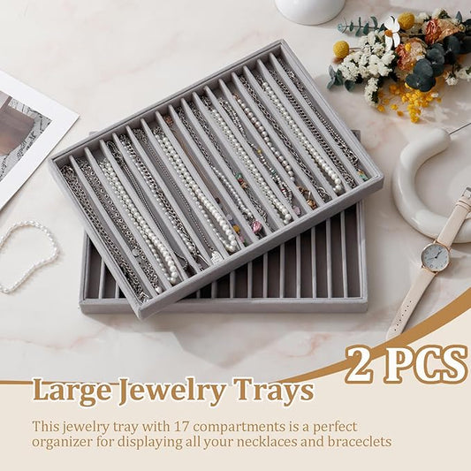 KATISYIO Large Velvet Jewelry Tray 2 Pack Stackable Jewelry Display Drawer Inserts Trays Organizer for Earring Bracelet Necklace Ring (Gray, 16 Grids)