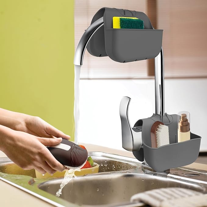 VPASION Sponge Holder for Kitchen Sink, Silicone Sink Saddle Caddy Organizer Rack, Sponges Holder Over Faucet, Hanging Kitchen Organizer Accessories Rack Basket Dark Gray