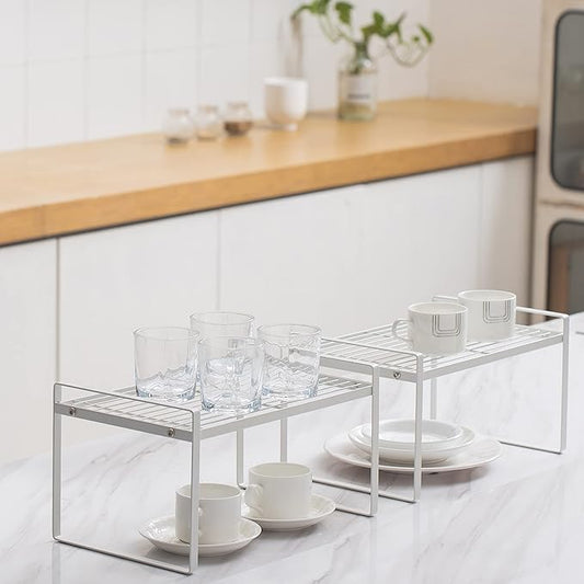 2Pack Kitchen Cabinet Shelf Counter Organizer Rack Pantry Storage Bathroom Bedroom Office Table Desk Space Saving Stackable Rust Resistant Non Slip White Wide L13.1in W10.6in H7.3in