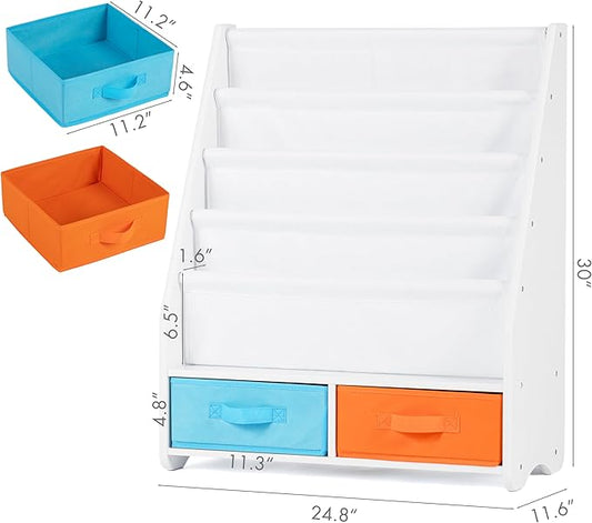 UTEX Kids Bookshelf with Storage Bins, Book Shelf for Kids Rooms, 4-Tier Toddler Sling Bookshelf for Nursery, Living Room, Bedroom, White