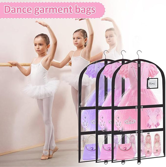 Garment Bags for Dance Costumes - 40 Inch Clear PVC with 5 Zipper Pockets (3 Pack) - Kids Dance Garment Bag for Dancers, Hanging Clothes Storage, Competitions & Travel (Clear Black)