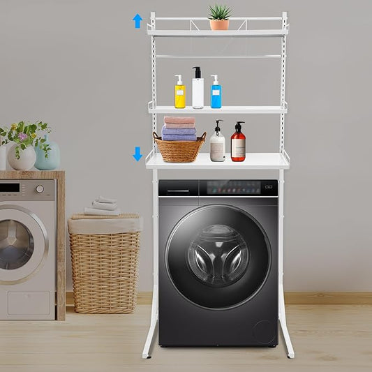 Eapmic Over The Washer and Dryer Storage Shelves, Laundry Room Standing Shelf, 3 Tier Expandable Washer and Dryer Rack with Adjustable Height, Over Toilet Washing Machine Width Within 25.2" (White)