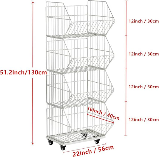 Standing Metal Shelving Unit, Removable Wire Storage Basket with Wheels, Folding Shoe Racks, Clothing Sweaters Shoes Handbags Organizer for Kitchen Garage Pantry Porch (4-Tier with Base)