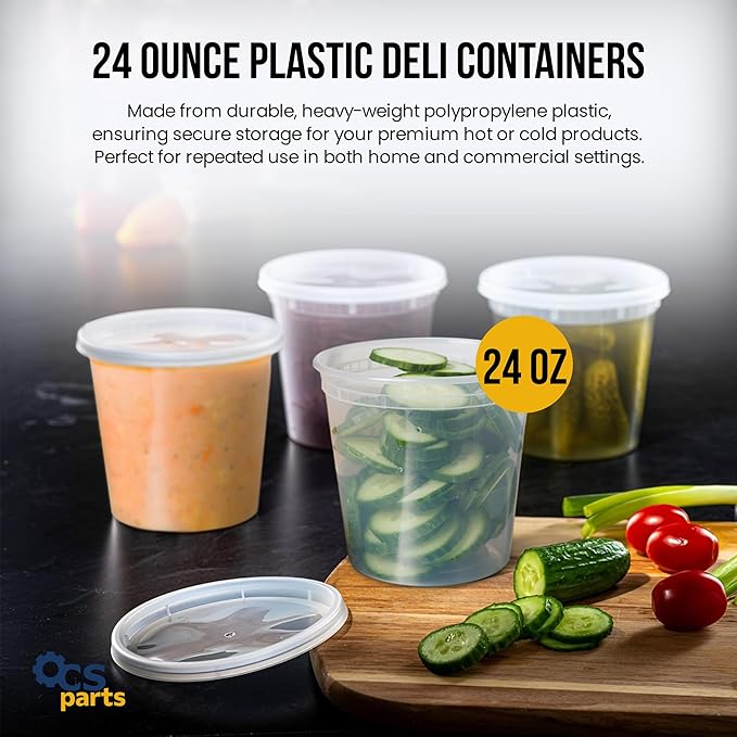 OCS Parts 48-Pack Round Plastic Deli Containers with Lids | Stackable, Microwavable, Freezer and Dishwasher Safe BPA Free Food Prep and Storage Containers (24 Ounce)