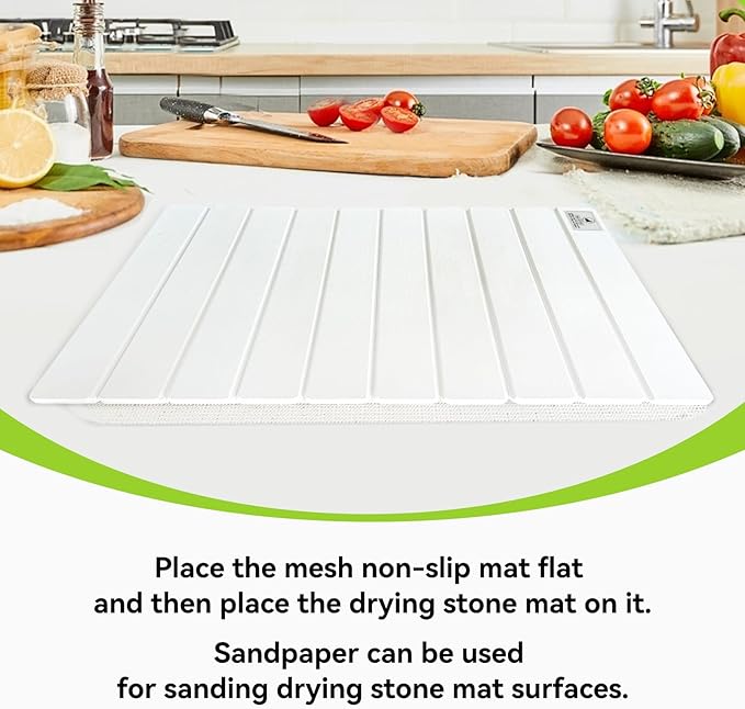 Large Stone Dish Drying Mats for Kitchen Counter - 24"(L)×16"(W) Quick Dry Collapsible Dish Drying Mat for Dishes Bottles Cups, Eco-friendly Diatomaceous Earth Absorbent Mat for Any Countertop White