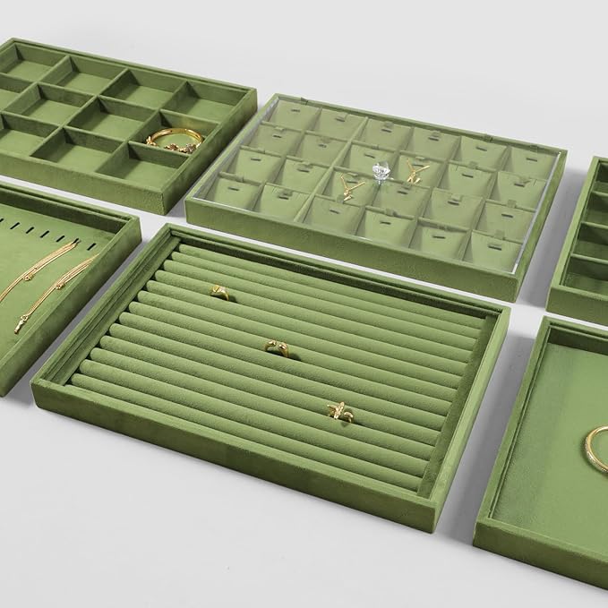 Velvet Stackable Jewelry Display Flat Tray For Ring Earring Necklace Bracelet, Bangle Pendant Storage Blank Plate, Shop Countertop Jewelry Dish Organizer (Olive Green)