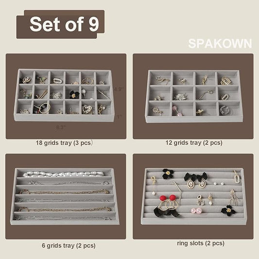 SPAKOWN Jewelry Organizer for Drawer, Adjustable Velvet Jewelry Tray, Stackable Necklace Organizer Earring Holder Organizer Ring Tray Jewelry Storage Display Drawer Inserts Set of 9 (Grey)