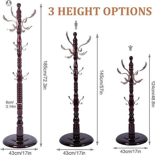73”Vintage Wooden Coat Rack,With 14 Hooks and Sturdy Round Base.Sturdy and Durable Standing Coat Racks,Adjustable Wooden Freestanding Coat Rack for Porch,Bedrooms (Metal, 1 PCS)