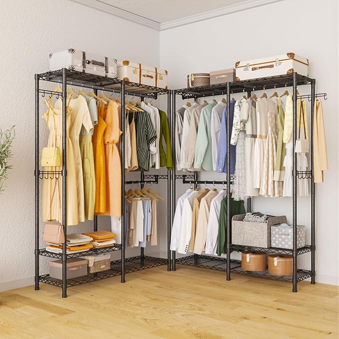 Heavy Duty Garment Rack, 3 Tiers Metal Adjustable Wire Shelves Closet Organizer and Storage Wardrobe Clothing Rack for Hanging Clothes with 2 Hanger Rods, Max Load 800LBS, Black