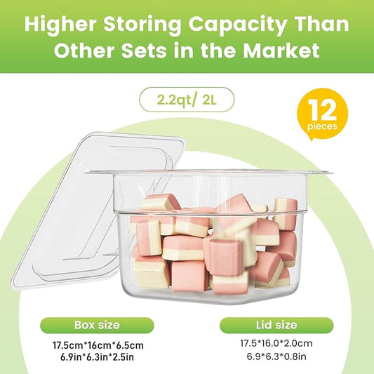 HNEDSEN Plastic Clear Food Pan 1/6 Size Stackable Polycarbonate Pan with Capacity Indicator Restaurant Commercial Hotel Pans for Fruits Vegetables Beans Corns (12 PCS, 2.5'' Deep)