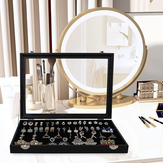 Wudygirl 32 Pairs Jewelry Organizer Velvet Jewelry Tray Clear Lid Earring HolderOrganizer Jewelry Box Earrings Holder Display Case Stackable(Earring Storage)