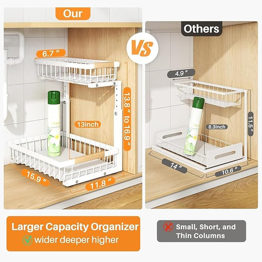 PXRACK 2 Pack Under Sink Organizer,Adjustable Height,2 Tier Pull Out Under Cabinet Organizer,Slide Out Thickened Metal Under Sink Storage for Kitchen Bathroom Laundry Cabinet Pantry,White(L)