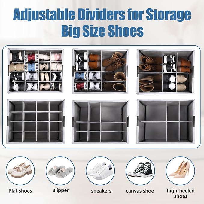 HOUSE AGAIN Shoe Organizer for Closet, Shoe Storage Boxes with 360° Wheels, Sturdy Metal Frame Fits up to 16 Pairs, Boots&Shoes Cubby Storage Containers with Adjustable Dividers and Clear Cover