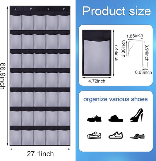 35Large Pockets Over The Door Shoe Organizer, Mesh Pockets Shoe Holder Rack, Capacity Shoe Hanging Storage,door shoe rack With 4 Metal Hook.