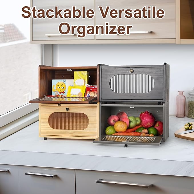 Sunhoo Bread Box for Kitchen Countertop Storage Wooden Breadbox Holder Container Morden Rustic Fresh Bread Keeper Farmhouse Stackable Organizer Bin for Homemade Food Shelf Acrylic Window (Grey)