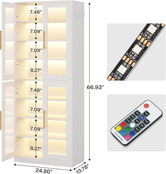Tribesigns Tall Shoe Storage Cabinet with Acrylic Doors and LED Lights, 8-Tier Entryway Shoe Organizer Rack with Adjustable Shelves and Hanging Hooks for Narrow Closet, Hallway, Living Room, White