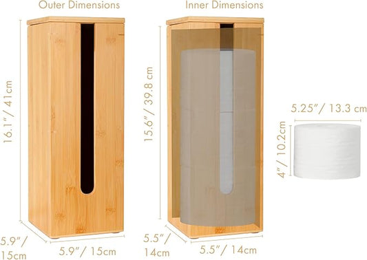 GOBAM Bamboo Toilet Paper Storage - Fits 3 Mega Toilet Paper, Bathroom Organizer, Toilet Paper Holder Stand, Bamboo Bathroom Accessories - Natural, 5.9 x 5.9 x 16.1 inches