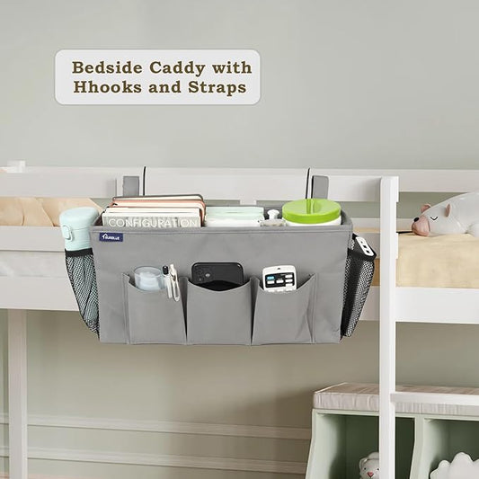 Surblue Bedside Organizer with Hook Caddy Hanging Storage Bag with Adjustable Straps and Water Bottle Holder for Home, College Dorm, Hospital Bed, Grey, 2PCS