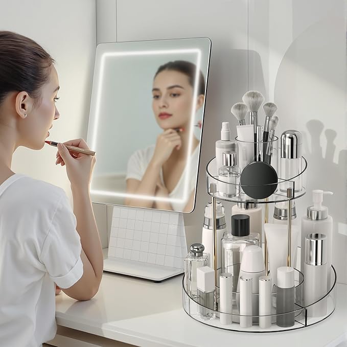 2 tier Makeup Organizer Countertop,360 Rotating Makeup Organizer for Skincare, Lipstick and Perfumes,Multi-function Cosmetic Display Cases for Vanity,Bathroom,White