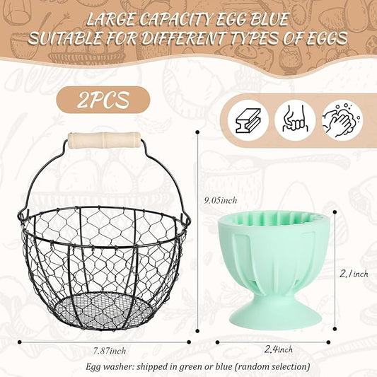 2 Pcs Egg Basket With Handle,Wire Egg Basket for Gathering Fresh Eggs, Round Egg Collecting Basket for Farm,Vintage Style Chicken and Duck Eggs Basket Egg Countertop Storage Container Holder 